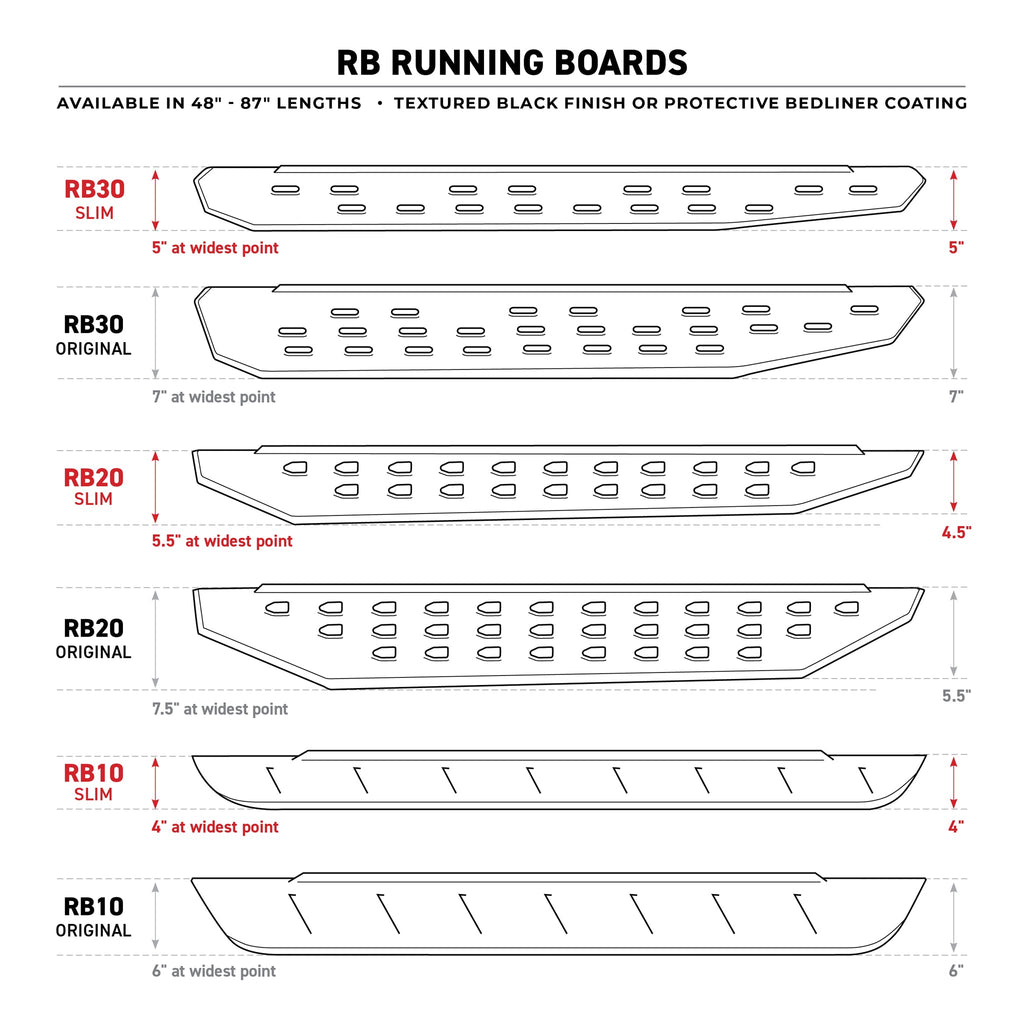 RB30 Slim Line Running Boards - 57" Long - Boards Only - Bedliner Coating (2 Door)