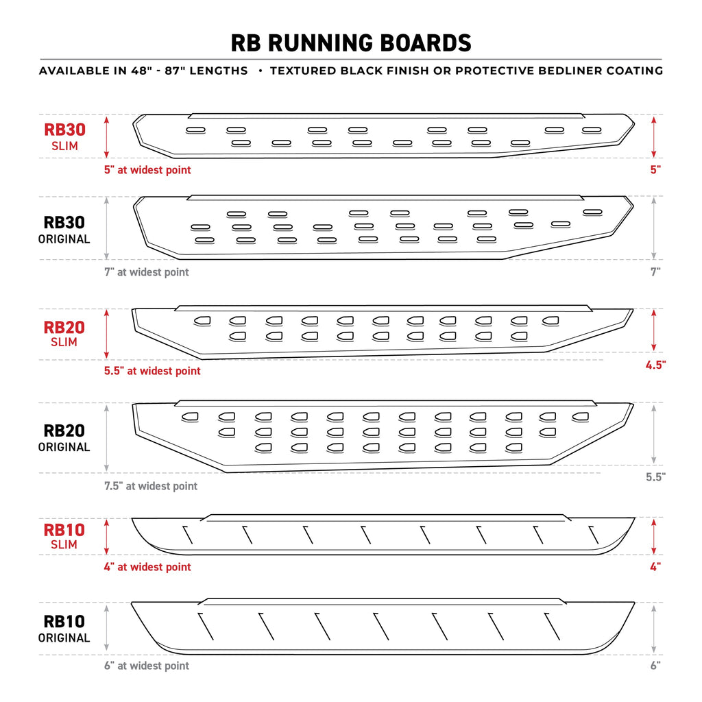 RB30 Slim Line Running Boards With Mounting Bracket Kit - Textured Black (4 Door)