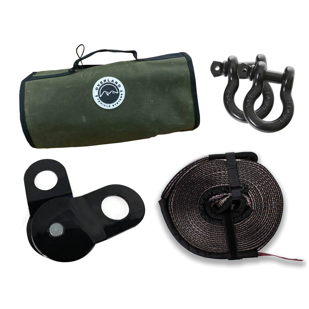 Recovery Wrap Kit Including 20" Tow Strap Pair Of Black D-Rings Snatch Block And Canvas Bag